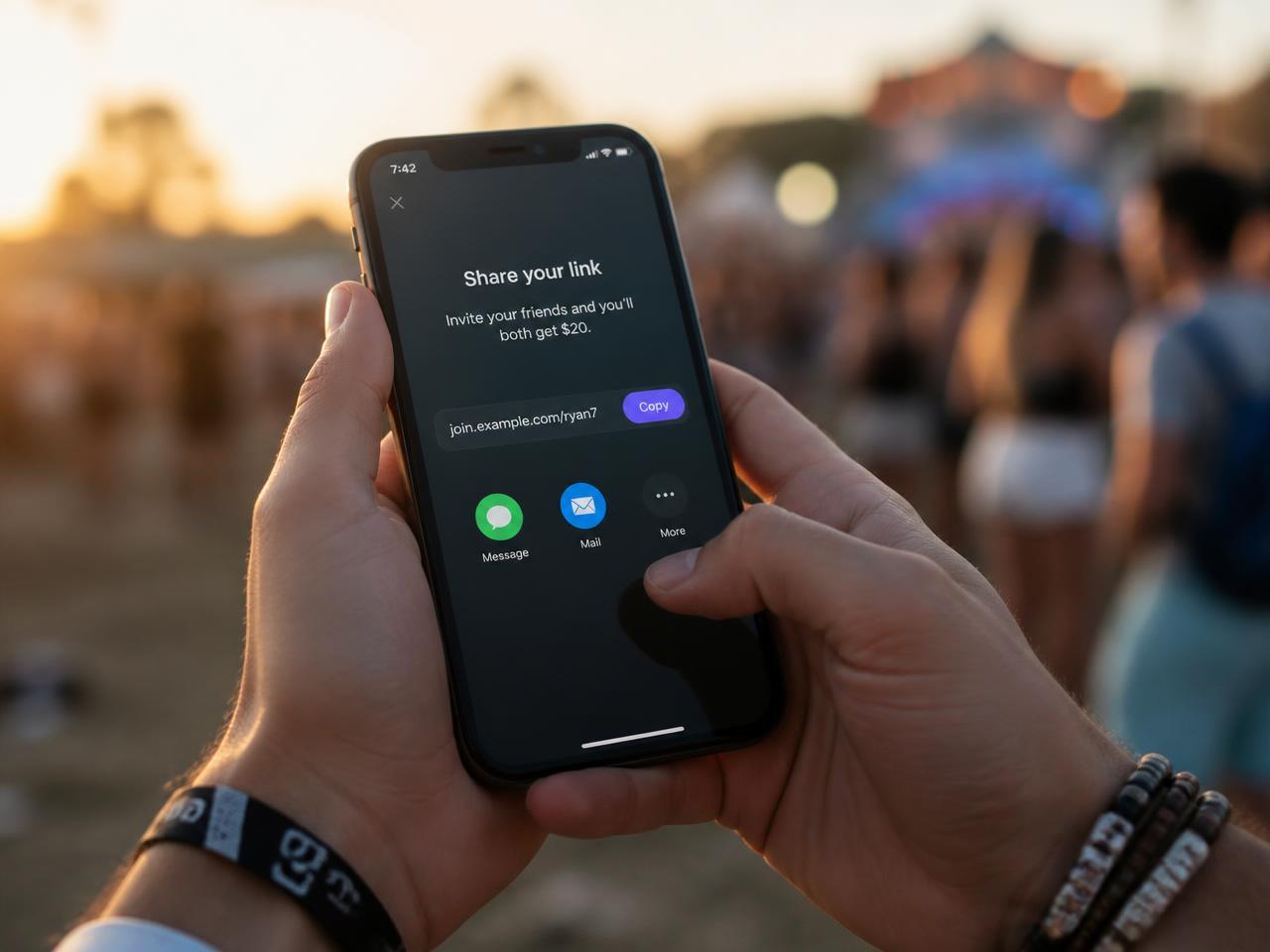 Bezoeker deelt een persoonlijke ticketlink via haar telefoon