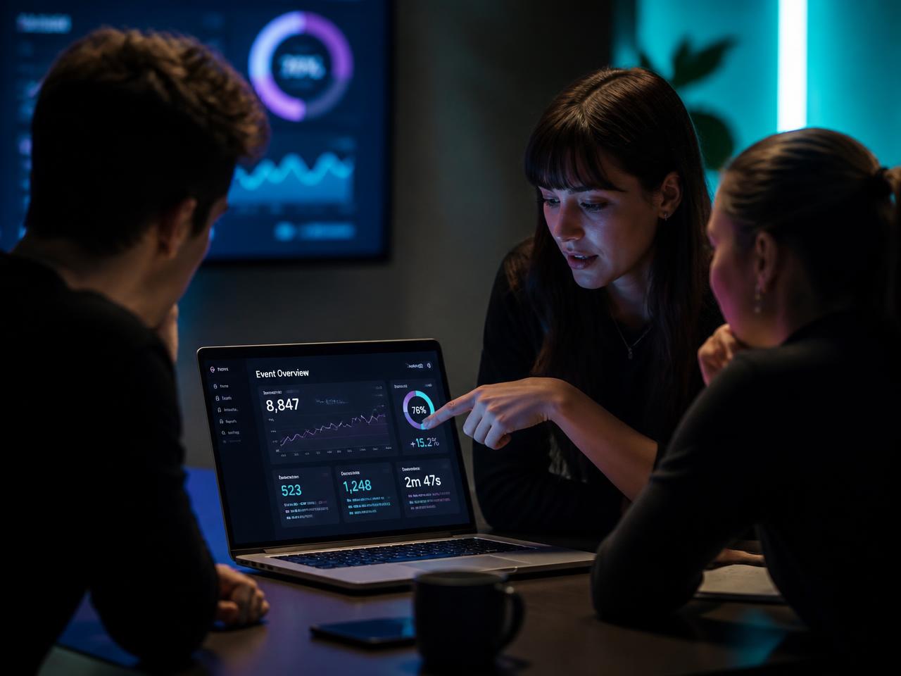 Eventmarketingteam bekijkt het AmbassaHub-dashboard op een laptop